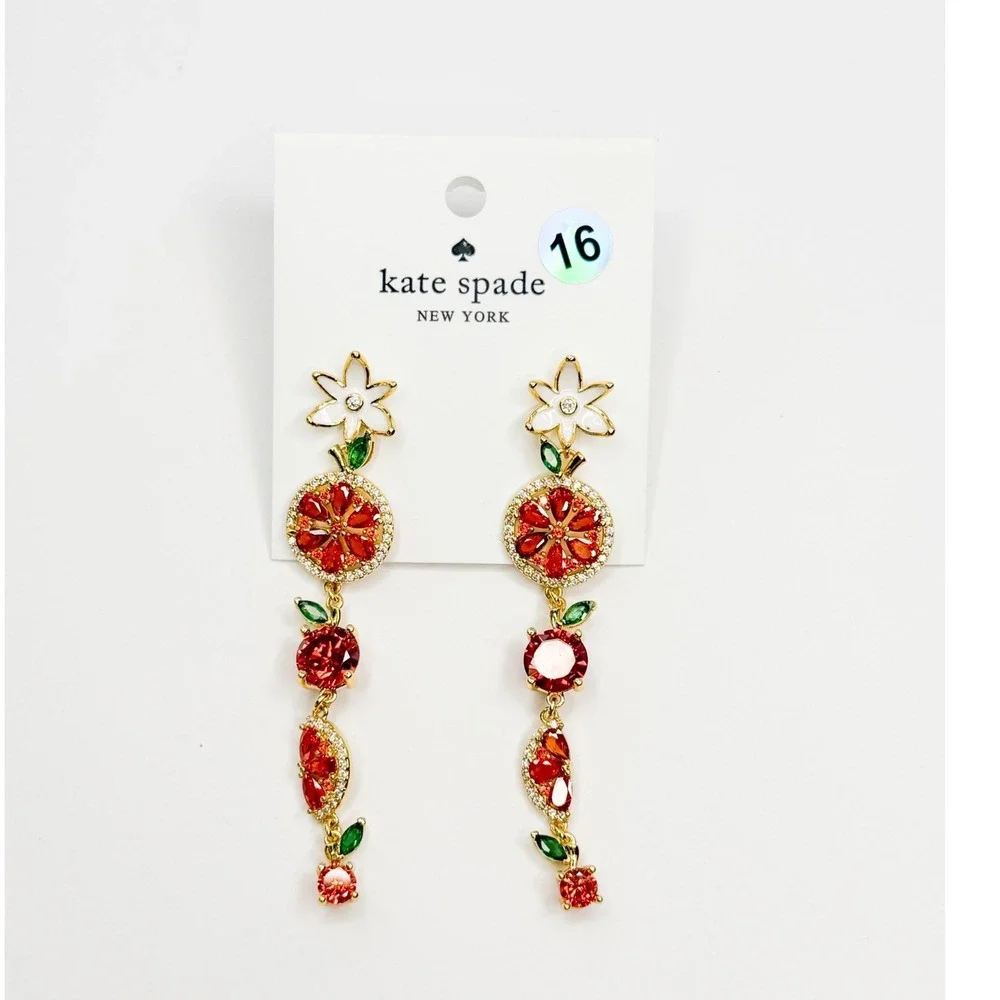 Kate Spade Citrus Fruit Drop Earrings Gold Tone Crystal Orange Flower NWT Boho - Picture 1 of 6